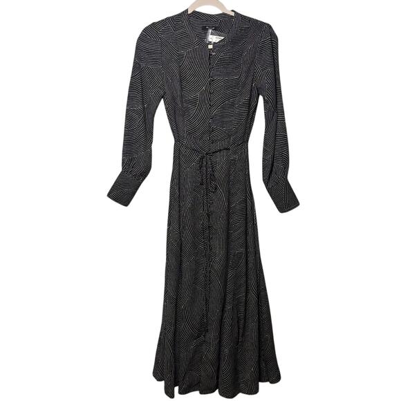 Madewell Black Dot Midi Dress XS Long Sleeve Tie Waist Work to Weekend - Picture 6 of 11